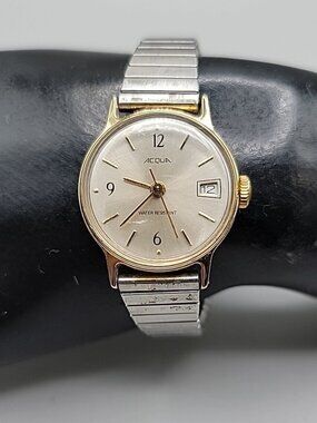 Vintage Acqua Ladies Wind Watch 6" Silver Tone Elastic Band 25mm Day Window